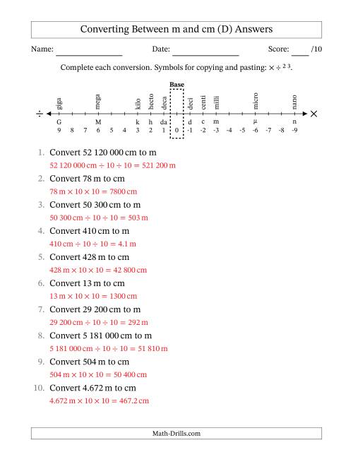The Converting Between Centimetres and Metres (SI Number Format) (D) Math Worksheet Page 2