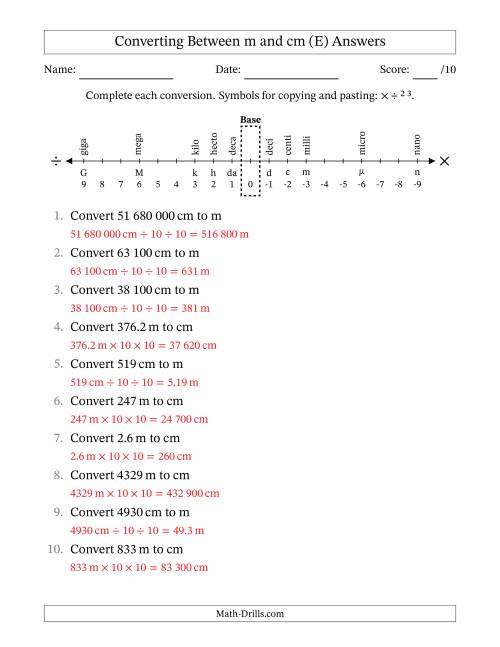 The Converting Between Centimetres and Metres (SI Number Format) (E) Math Worksheet Page 2