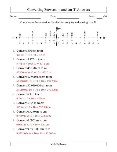 The Converting Between Centimetres and Metres (SI Number Format) (I) Math Worksheet Page 2