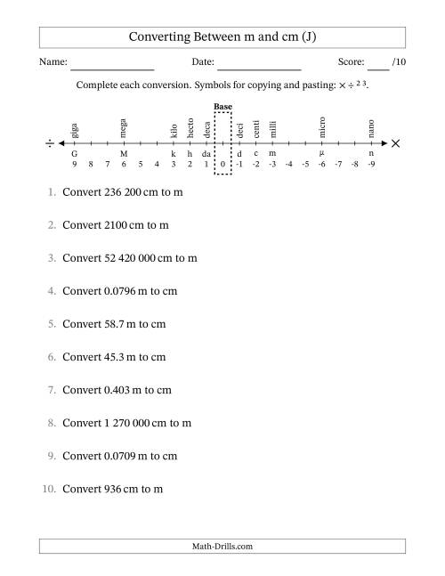 The Converting Between Centimetres and Metres (SI Number Format) (J) Math Worksheet