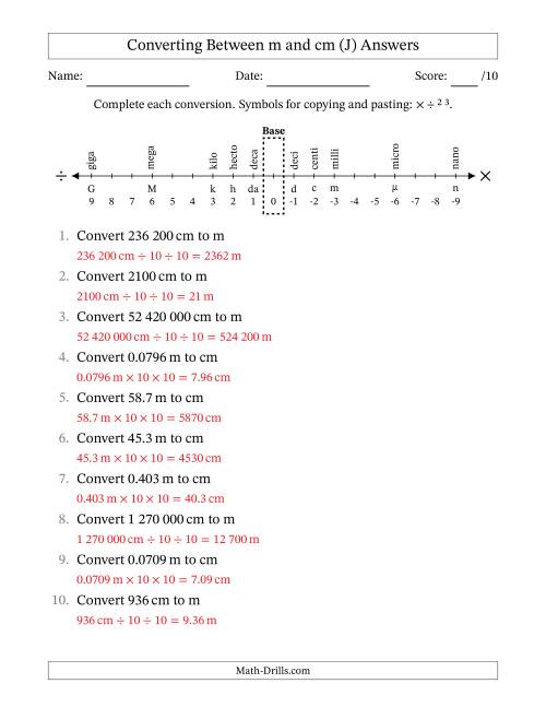 The Converting Between Centimetres and Metres (SI Number Format) (J) Math Worksheet Page 2