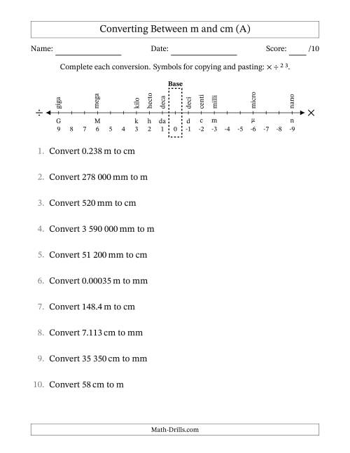The Converting Between Centimetres and Metres (SI Number Format) (A) Math Worksheet
