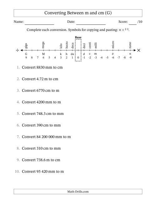 The Converting Between Centimetres and Metres (SI Number Format) (G) Math Worksheet