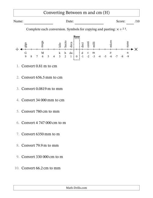 The Converting Between Centimetres and Metres (SI Number Format) (H) Math Worksheet