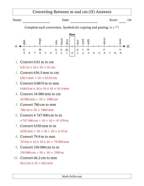 The Converting Between Centimetres and Metres (SI Number Format) (H) Math Worksheet Page 2