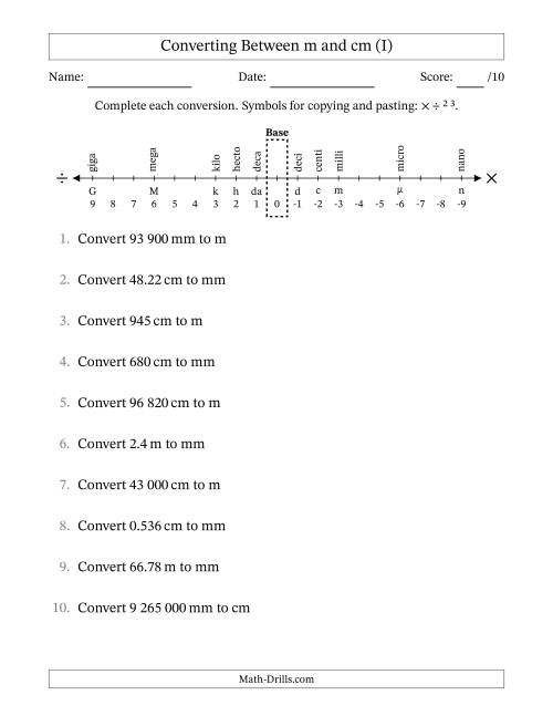 The Converting Between Centimetres and Metres (SI Number Format) (I) Math Worksheet