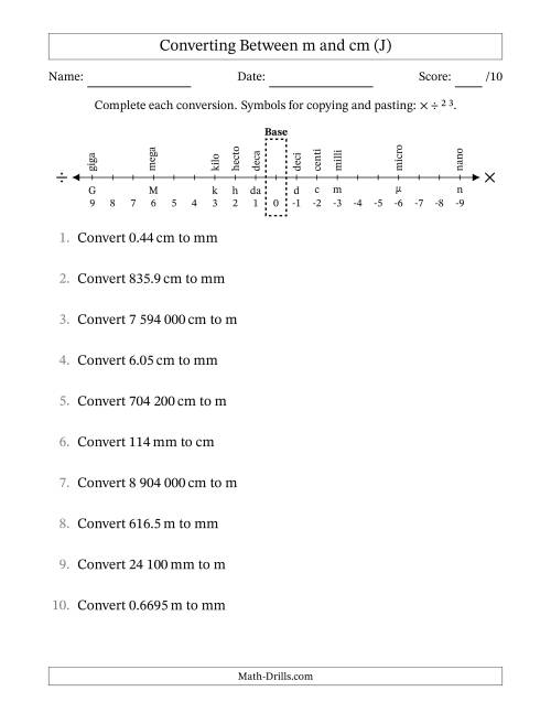 The Converting Between Centimetres and Metres (SI Number Format) (J) Math Worksheet