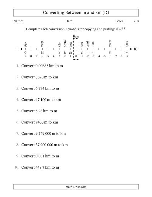 The Converting Between Kilometres and Metres (SI Number Format) (D) Math Worksheet