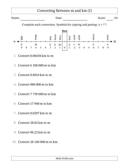The Converting Between Kilometres and Metres (SI Number Format) (I) Math Worksheet