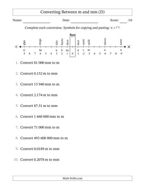 The Converting Between Millimetres and Metres (SI Number Format) (D) Math Worksheet