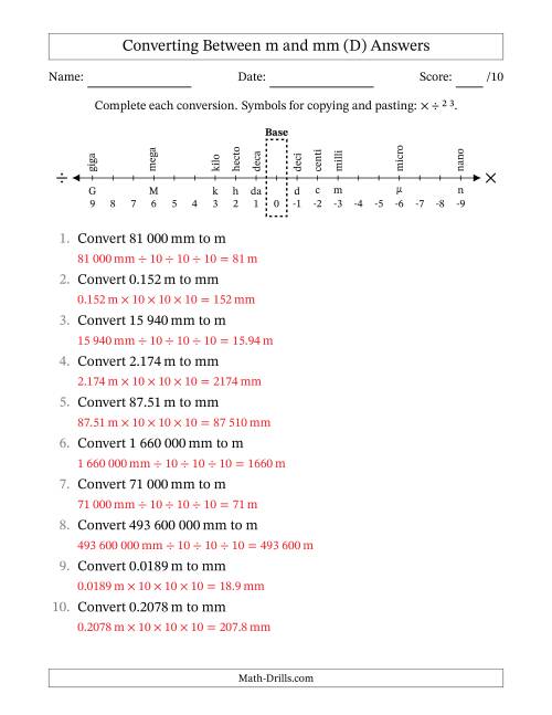 The Converting Between Millimetres and Metres (SI Number Format) (D) Math Worksheet Page 2