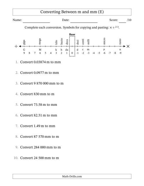 The Converting Between Millimetres and Metres (SI Number Format) (E) Math Worksheet