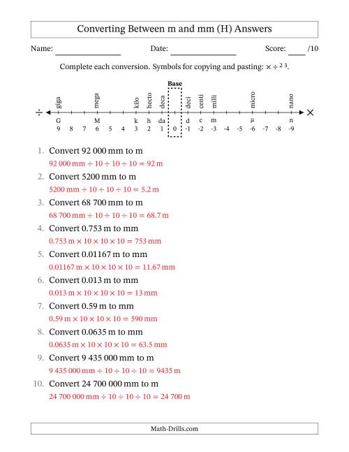 The Converting Between Millimetres and Metres (SI Number Format) (H) Math Worksheet Page 2