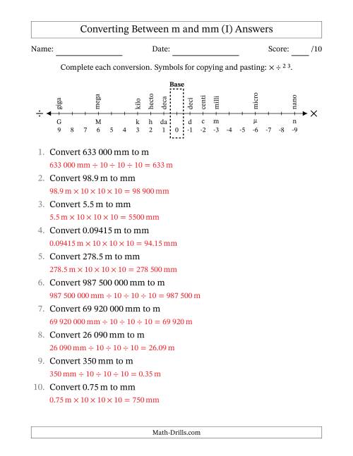 The Converting Between Millimetres and Metres (SI Number Format) (I) Math Worksheet Page 2