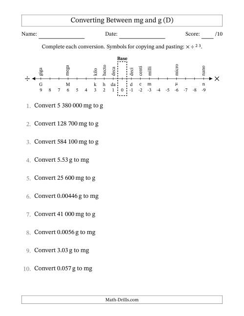 The Converting Between Milligrams and Grams (SI Number Format) (D) Math Worksheet