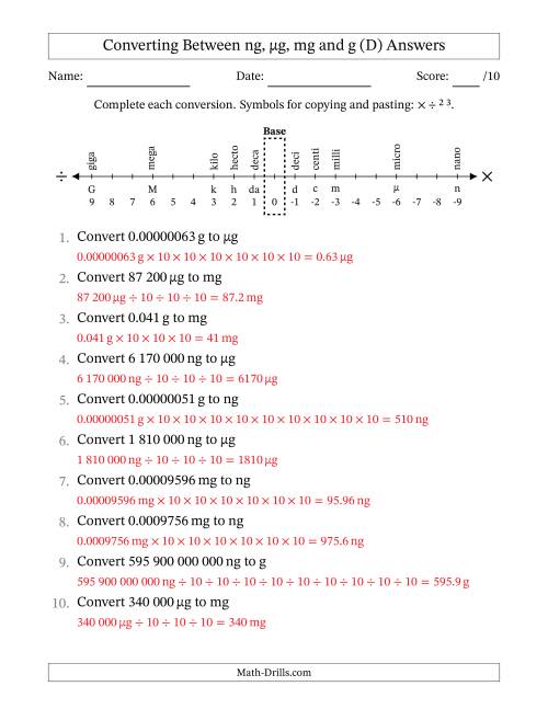 The Converting Between Nanograms, Micrograms, Milligrams and Grams (SI Number Format) (D) Math Worksheet Page 2