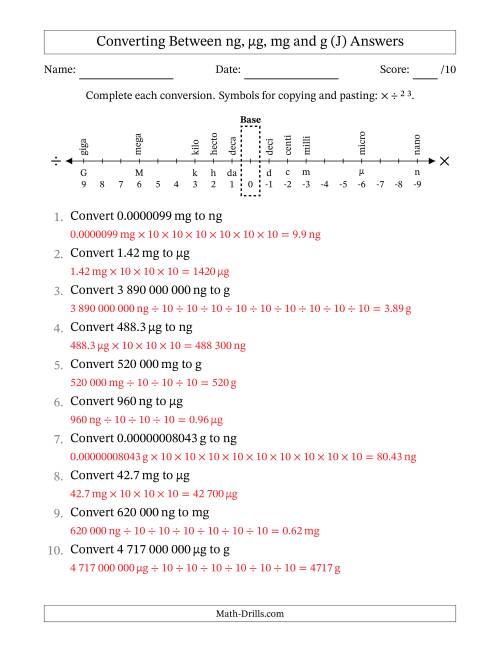 The Converting Between Nanograms, Micrograms, Milligrams and Grams (SI Number Format) (J) Math Worksheet Page 2