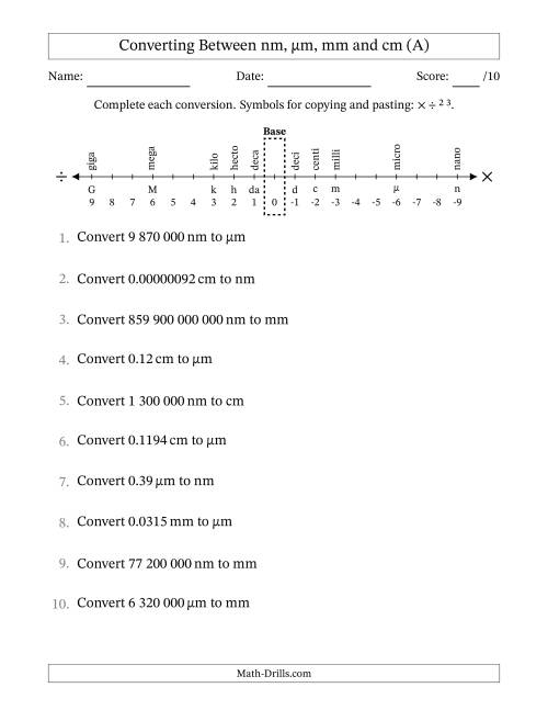 The Converting Between Nanometres, Micrometres, Millimetres and Centimetres (SI Number Format) (A) Math Worksheet