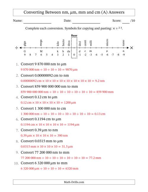 The Converting Between Nanometres, Micrometres, Millimetres and Centimetres (SI Number Format) (A) Math Worksheet Page 2