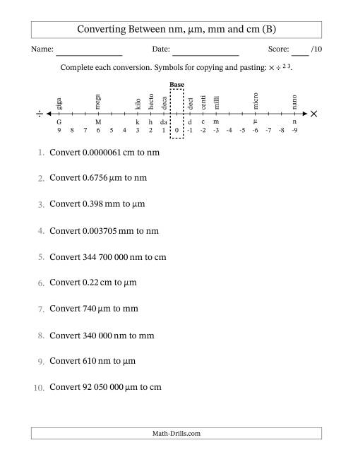 The Converting Between Nanometres, Micrometres, Millimetres and Centimetres (SI Number Format) (B) Math Worksheet