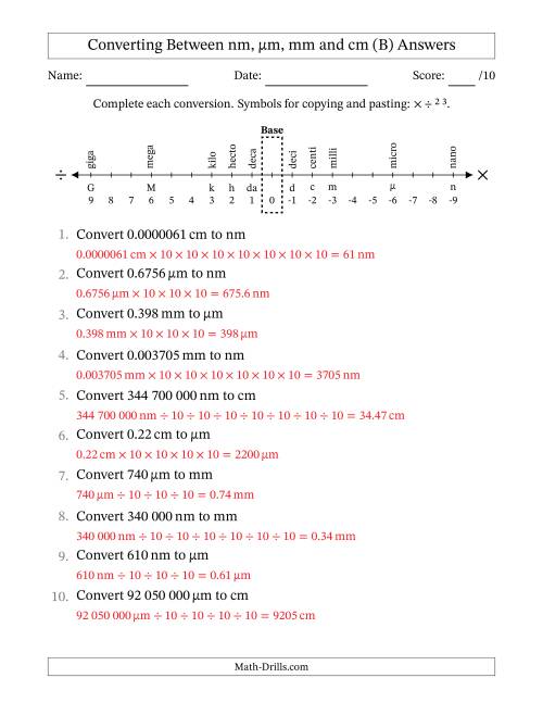 The Converting Between Nanometres, Micrometres, Millimetres and Centimetres (SI Number Format) (B) Math Worksheet Page 2