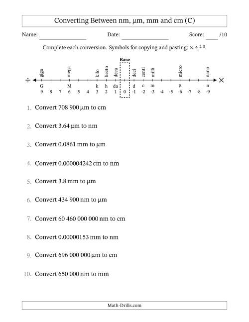 The Converting Between Nanometres, Micrometres, Millimetres and Centimetres (SI Number Format) (C) Math Worksheet