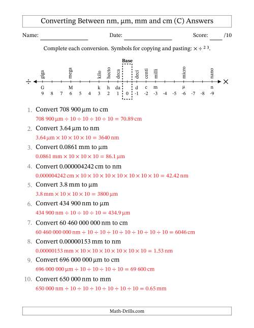 The Converting Between Nanometres, Micrometres, Millimetres and Centimetres (SI Number Format) (C) Math Worksheet Page 2