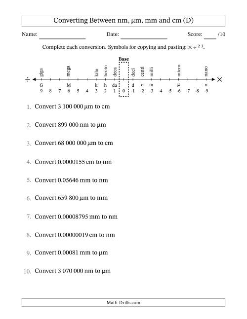 The Converting Between Nanometres, Micrometres, Millimetres and Centimetres (SI Number Format) (D) Math Worksheet
