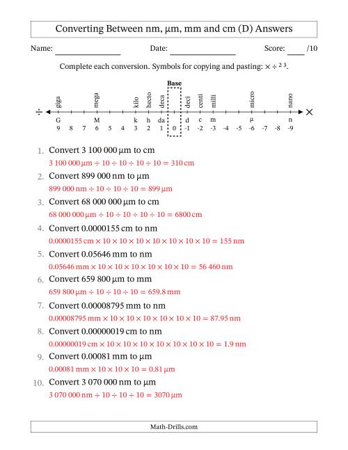 The Converting Between Nanometres, Micrometres, Millimetres and Centimetres (SI Number Format) (D) Math Worksheet Page 2