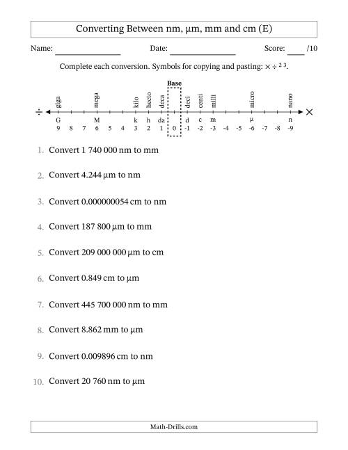 The Converting Between Nanometres, Micrometres, Millimetres and Centimetres (SI Number Format) (E) Math Worksheet