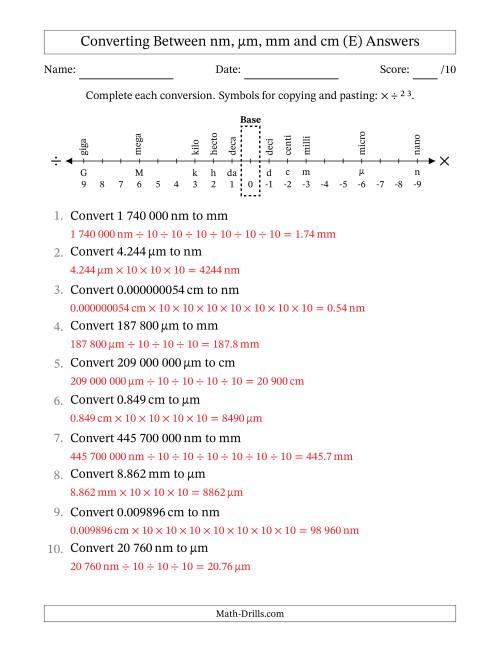 The Converting Between Nanometres, Micrometres, Millimetres and Centimetres (SI Number Format) (E) Math Worksheet Page 2