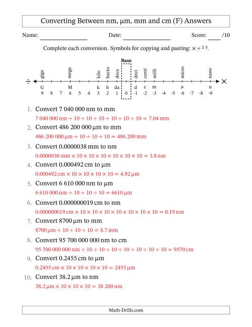 The Converting Between Nanometres, Micrometres, Millimetres and Centimetres (SI Number Format) (F) Math Worksheet Page 2