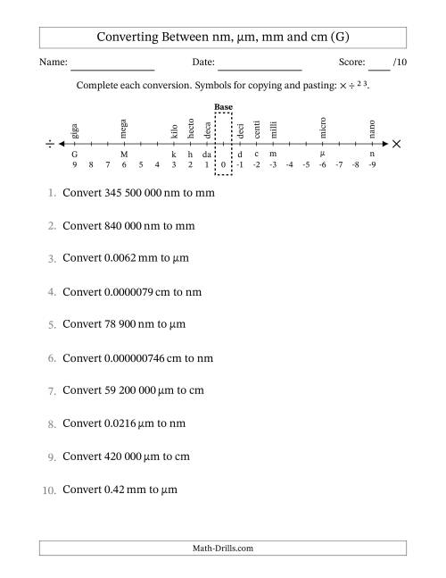 The Converting Between Nanometres, Micrometres, Millimetres and Centimetres (SI Number Format) (G) Math Worksheet