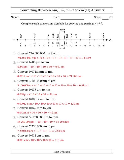 The Converting Between Nanometres, Micrometres, Millimetres and Centimetres (SI Number Format) (H) Math Worksheet Page 2