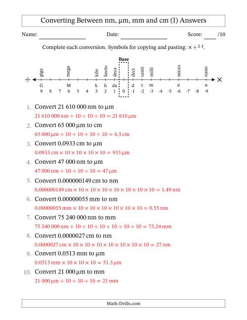 The Converting Between Nanometres, Micrometres, Millimetres and Centimetres (SI Number Format) (I) Math Worksheet Page 2