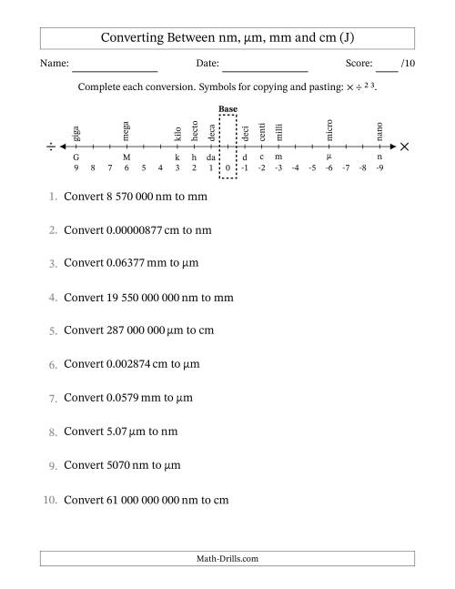 The Converting Between Nanometres, Micrometres, Millimetres and Centimetres (SI Number Format) (J) Math Worksheet