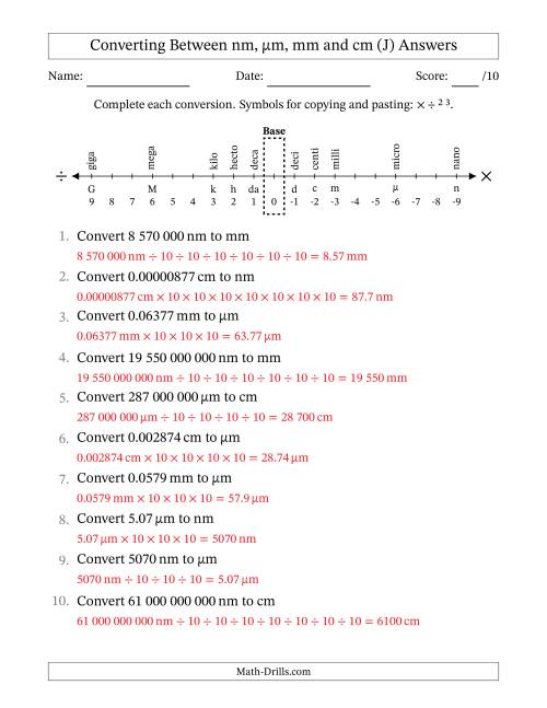 The Converting Between Nanometres, Micrometres, Millimetres and Centimetres (SI Number Format) (J) Math Worksheet Page 2