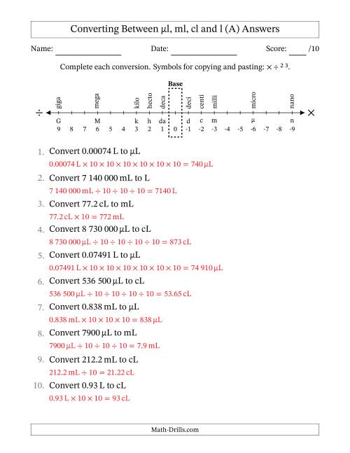 The Converting Between Microlitres, Millilitres, Centilitres and Litres (SI Number Format) (A) Math Worksheet Page 2