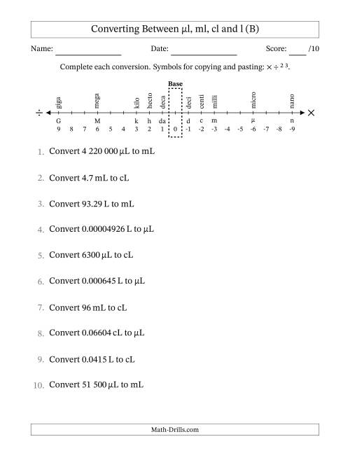 The Converting Between Microlitres, Millilitres, Centilitres and Litres (SI Number Format) (B) Math Worksheet