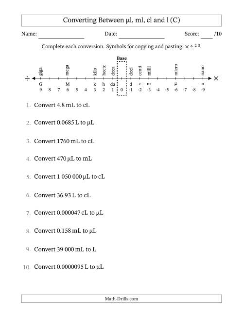 The Converting Between Microlitres, Millilitres, Centilitres and Litres (SI Number Format) (C) Math Worksheet