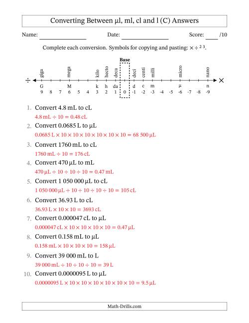 The Converting Between Microlitres, Millilitres, Centilitres and Litres (SI Number Format) (C) Math Worksheet Page 2