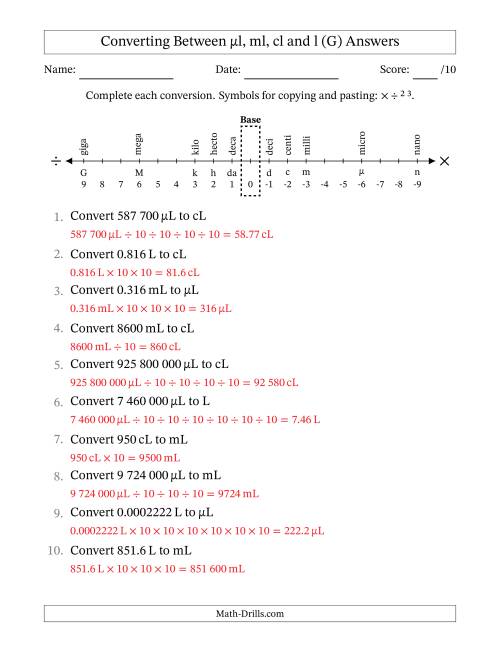 The Converting Between Microlitres, Millilitres, Centilitres and Litres (SI Number Format) (G) Math Worksheet Page 2
