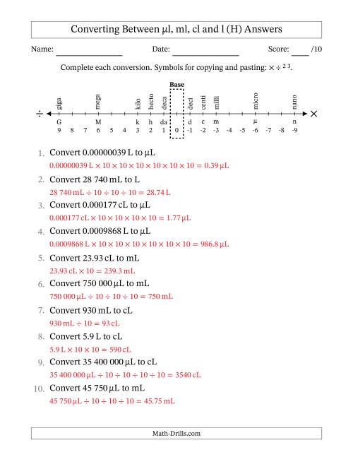 The Converting Between Microlitres, Millilitres, Centilitres and Litres (SI Number Format) (H) Math Worksheet Page 2
