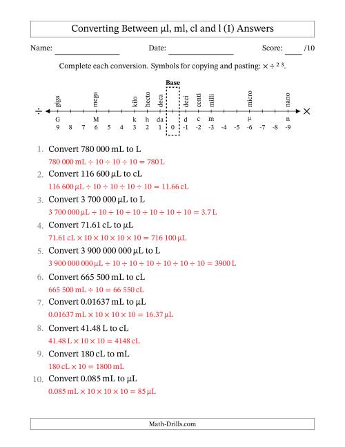 The Converting Between Microlitres, Millilitres, Centilitres and Litres (SI Number Format) (I) Math Worksheet Page 2