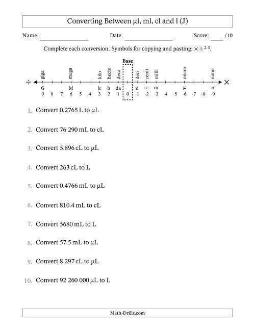 The Converting Between Microlitres, Millilitres, Centilitres and Litres (SI Number Format) (J) Math Worksheet