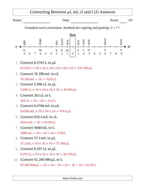 The Converting Between Microlitres, Millilitres, Centilitres and Litres (SI Number Format) (J) Math Worksheet Page 2