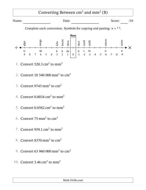 The Converting Between Square Centimetres and Square Millimetres (S.I. Number Format) (B) Math Worksheet