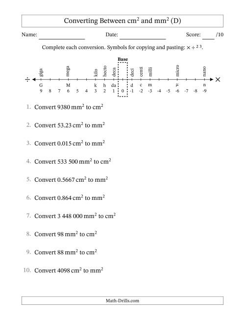 The Converting Between Square Centimetres and Square Millimetres (S.I. Number Format) (D) Math Worksheet