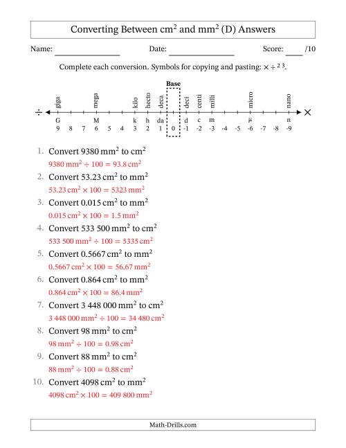 The Converting Between Square Centimetres and Square Millimetres (S.I. Number Format) (D) Math Worksheet Page 2