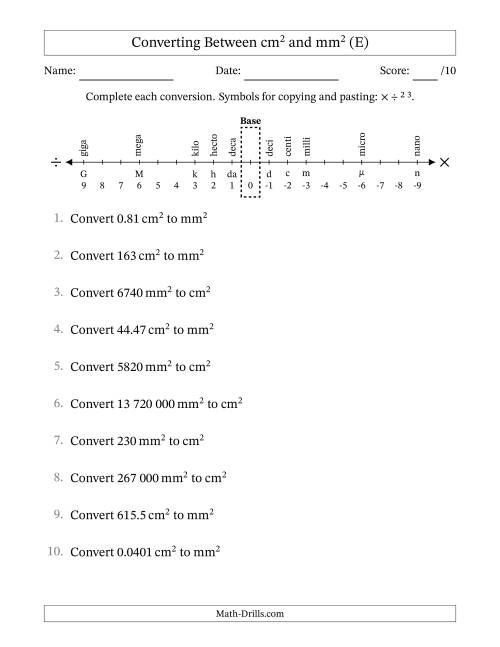 The Converting Between Square Centimetres and Square Millimetres (S.I. Number Format) (E) Math Worksheet